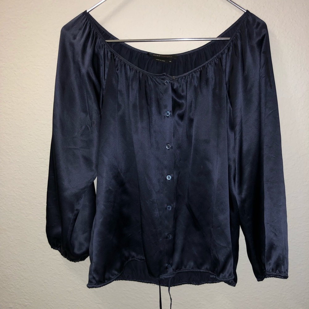 BCBG blue silky blouse with buttons